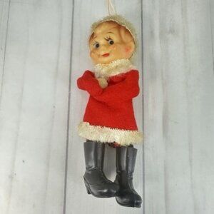 Vintage Felt Rubber Face Pixie Elf Christmas Ornament Japan Red White Boots 5"